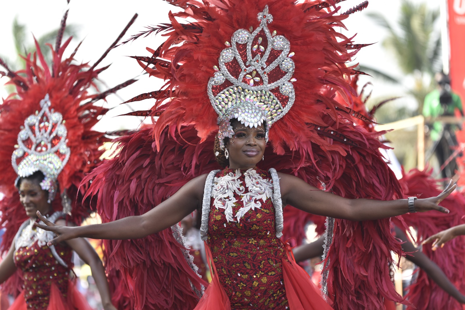 Seagull Band performer in a large red feather costume with both arms stretched outward