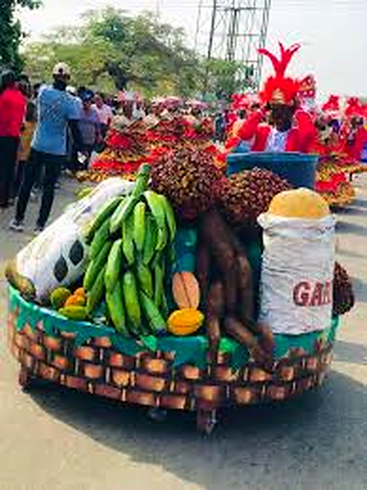 Harvest float with plantain, yam and produce